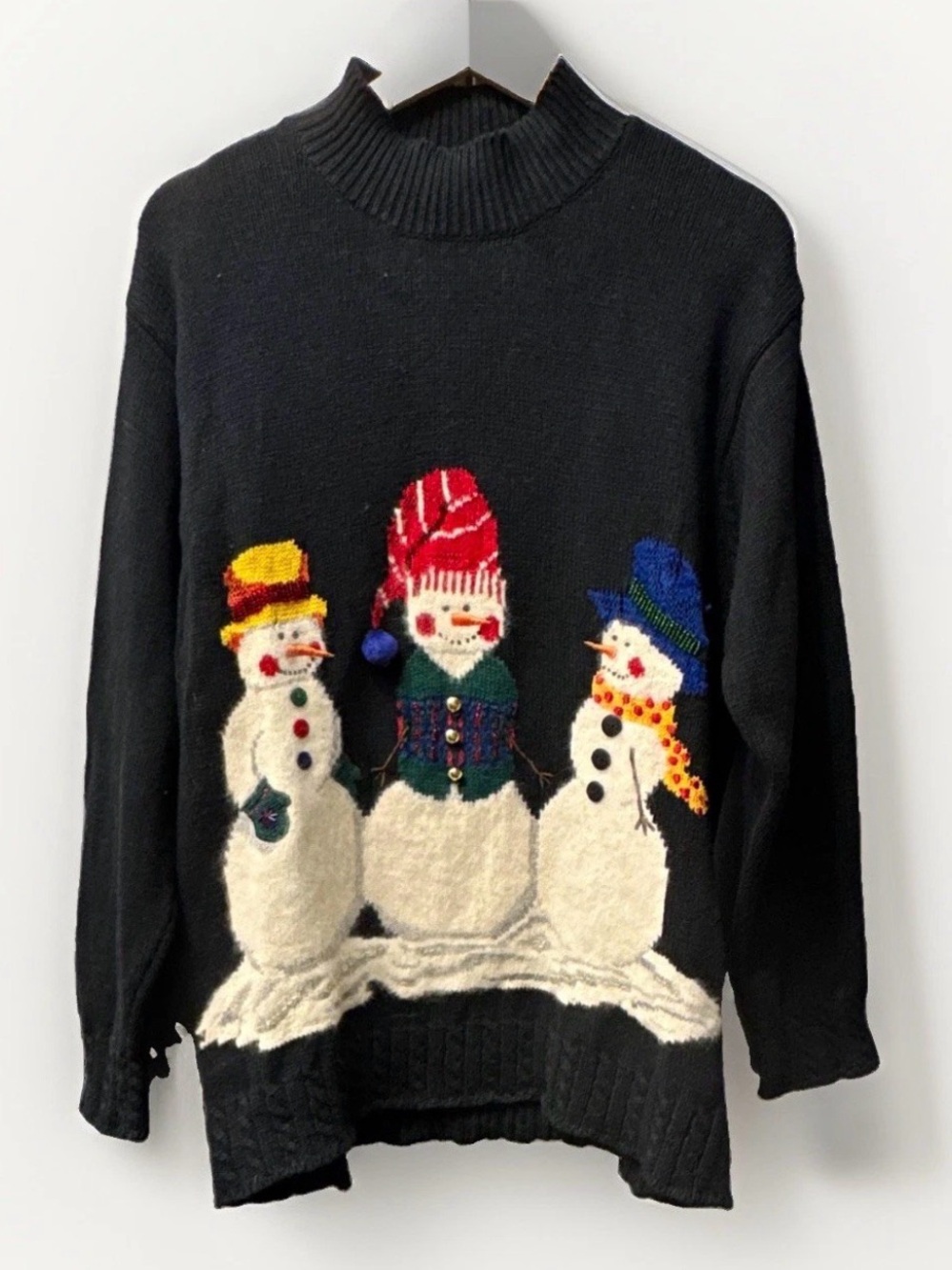 Vintage Black Snowman  90s Grandma Holiday Sweater Womens L Ramie Cotton